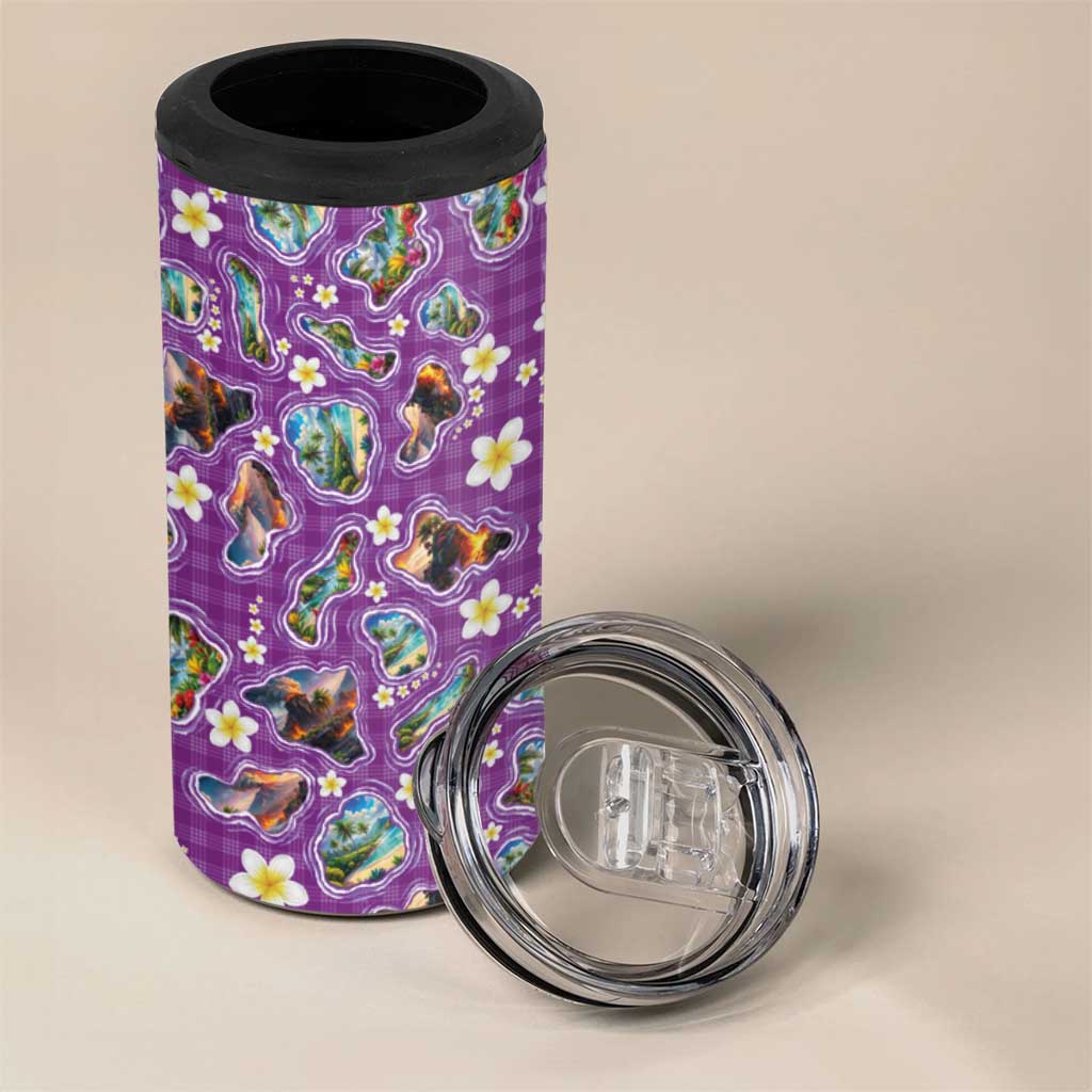 Hawaiian Island Shapes-Iconic Landscape 4 in 1 Can Cooler Tumbler with Plumeria and Palaka Purple Color