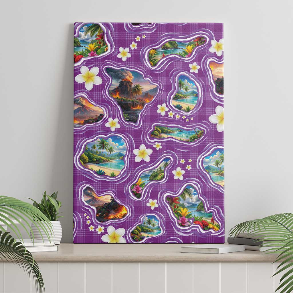 Hawaiian Island Shapes-Iconic Landscape Canvas Wall Art with Plumeria and Palaka Purple Color