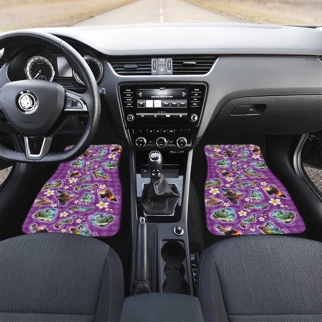 Hawaiian Island Shapes-Iconic Landscape Car Mats with Plumeria and Palaka Purple Color