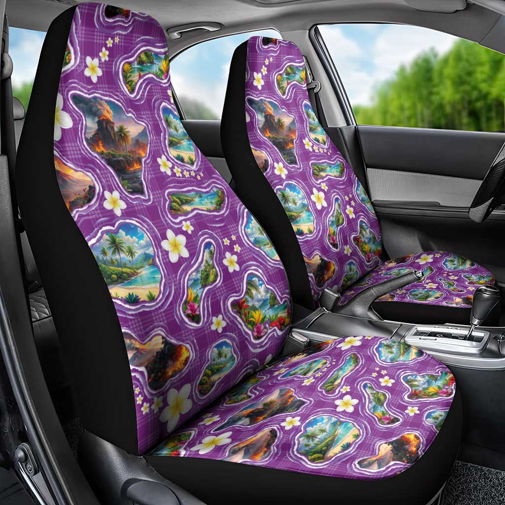 Hawaiian Island Shapes-Iconic Landscape Car Seat Cover with Plumeria and Palaka Purple Color