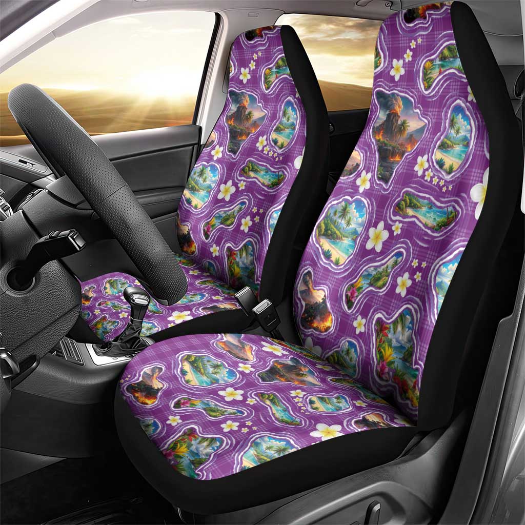 Hawaiian Island Shapes-Iconic Landscape Car Seat Cover with Plumeria and Palaka Purple Color