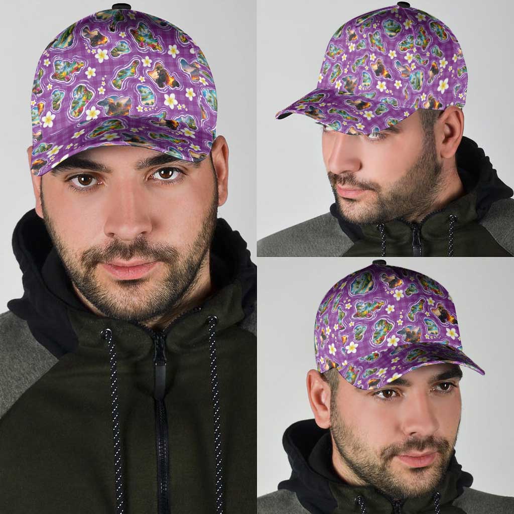 Hawaiian Island Shapes-Iconic Landscape Classic Cap with Plumeria and Palaka Purple Color