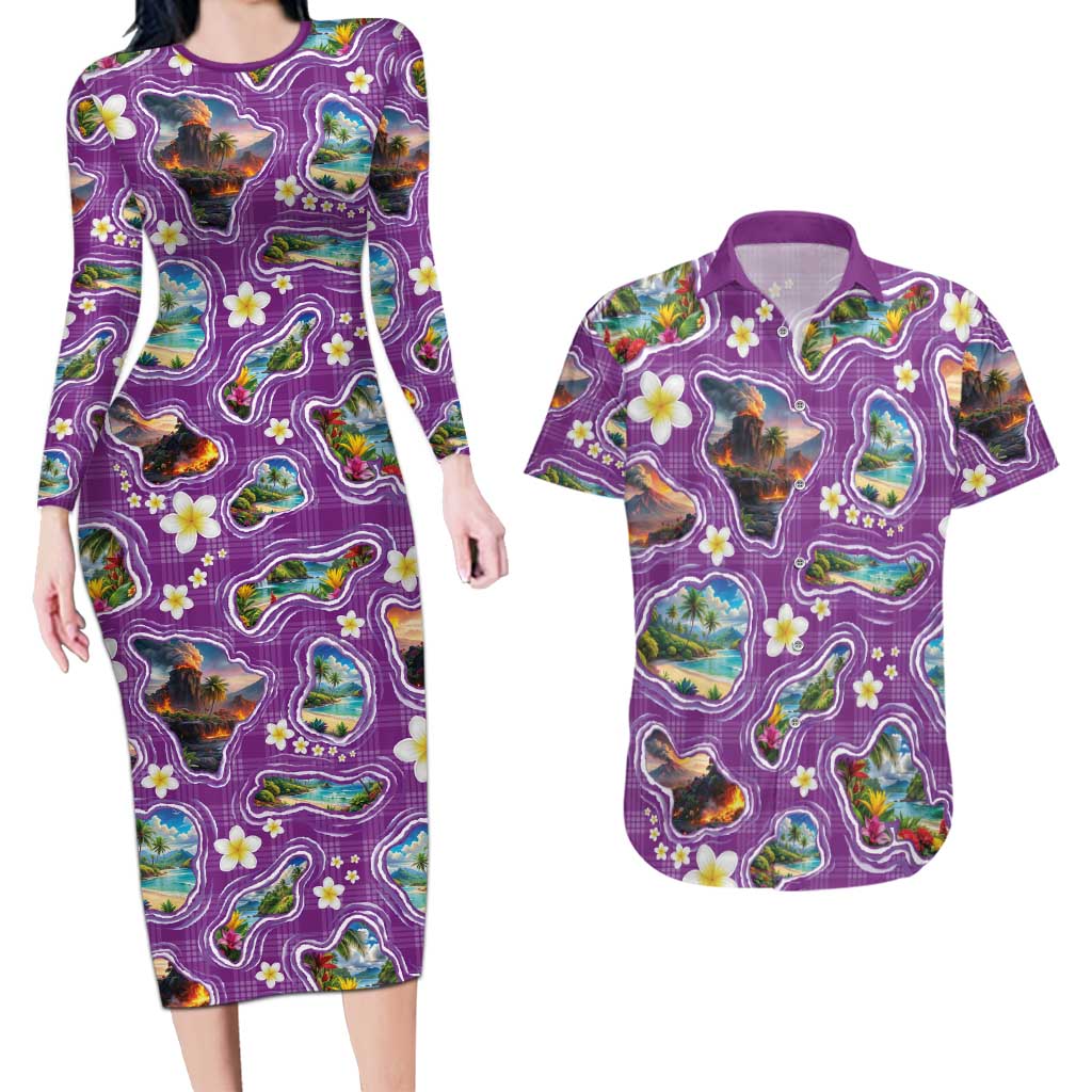 Hawaiian Island Shapes-Iconic Landscape Couples Matching Long Sleeve Bodycon Dress and Hawaiian Shirt with Plumeria and Palaka Purple Color