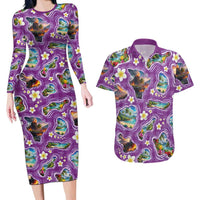 Hawaiian Island Shapes-Iconic Landscape Couples Matching Long Sleeve Bodycon Dress and Hawaiian Shirt with Plumeria and Palaka Purple Color