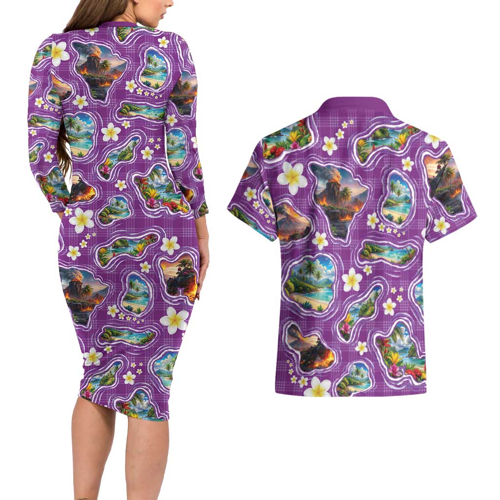 Hawaiian Island Shapes-Iconic Landscape Couples Matching Long Sleeve Bodycon Dress and Hawaiian Shirt with Plumeria and Palaka Purple Color