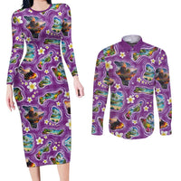 Hawaiian Island Shapes-Iconic Landscape Couples Matching Long Sleeve Bodycon Dress and Long Sleeve Button Shirt with Plumeria and Palaka Purple Color