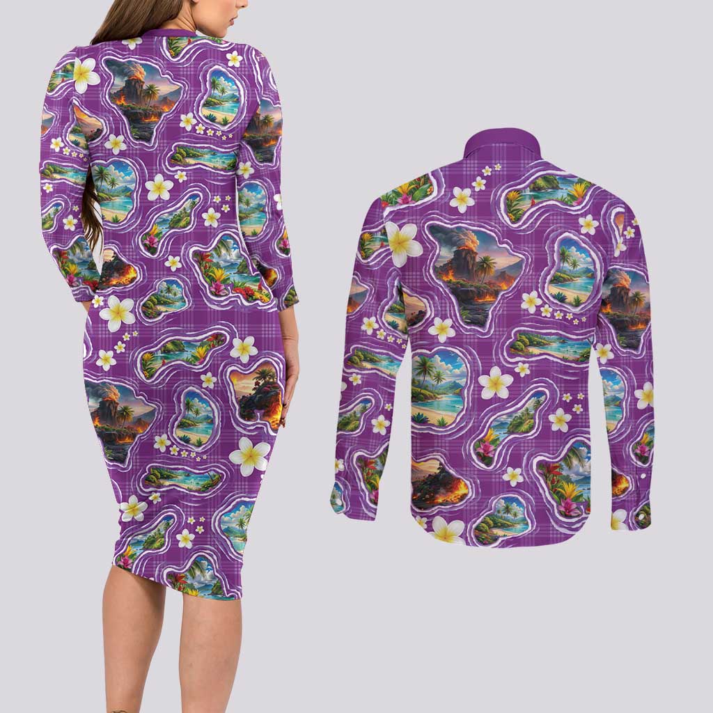 Hawaiian Island Shapes-Iconic Landscape Couples Matching Long Sleeve Bodycon Dress and Long Sleeve Button Shirt with Plumeria and Palaka Purple Color