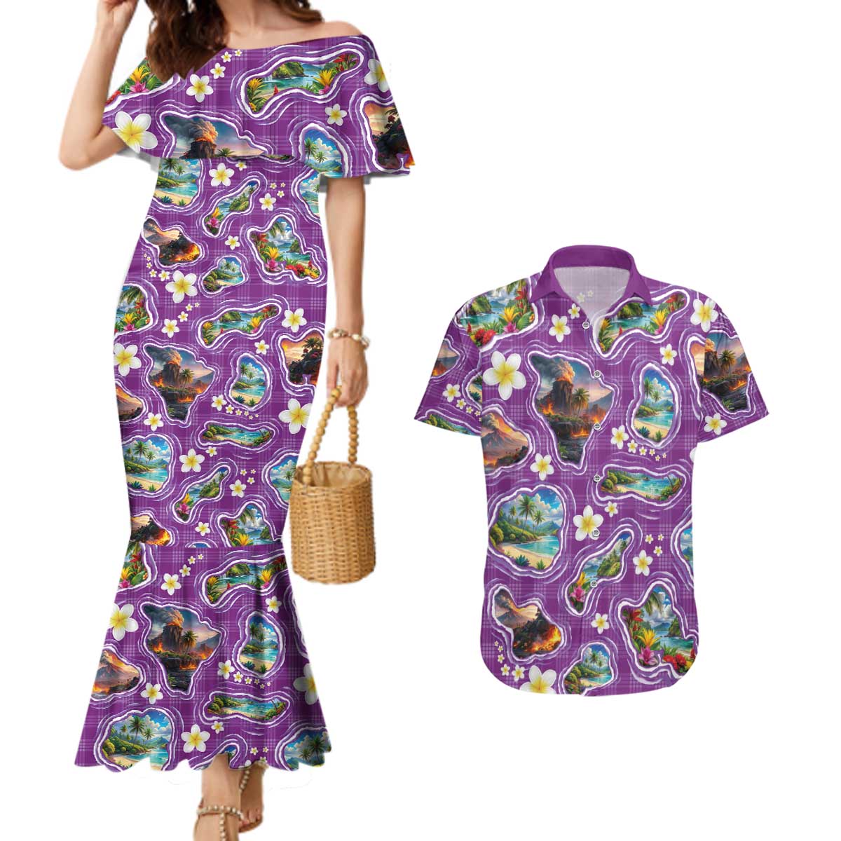 Hawaiian Island Shapes-Iconic Landscape Couples Matching Mermaid Dress and Hawaiian Shirt with Plumeria and Palaka Purple Color