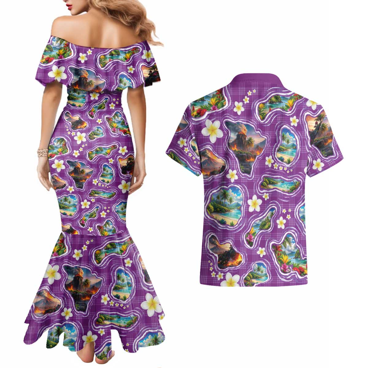 Hawaiian Island Shapes-Iconic Landscape Couples Matching Mermaid Dress and Hawaiian Shirt with Plumeria and Palaka Purple Color