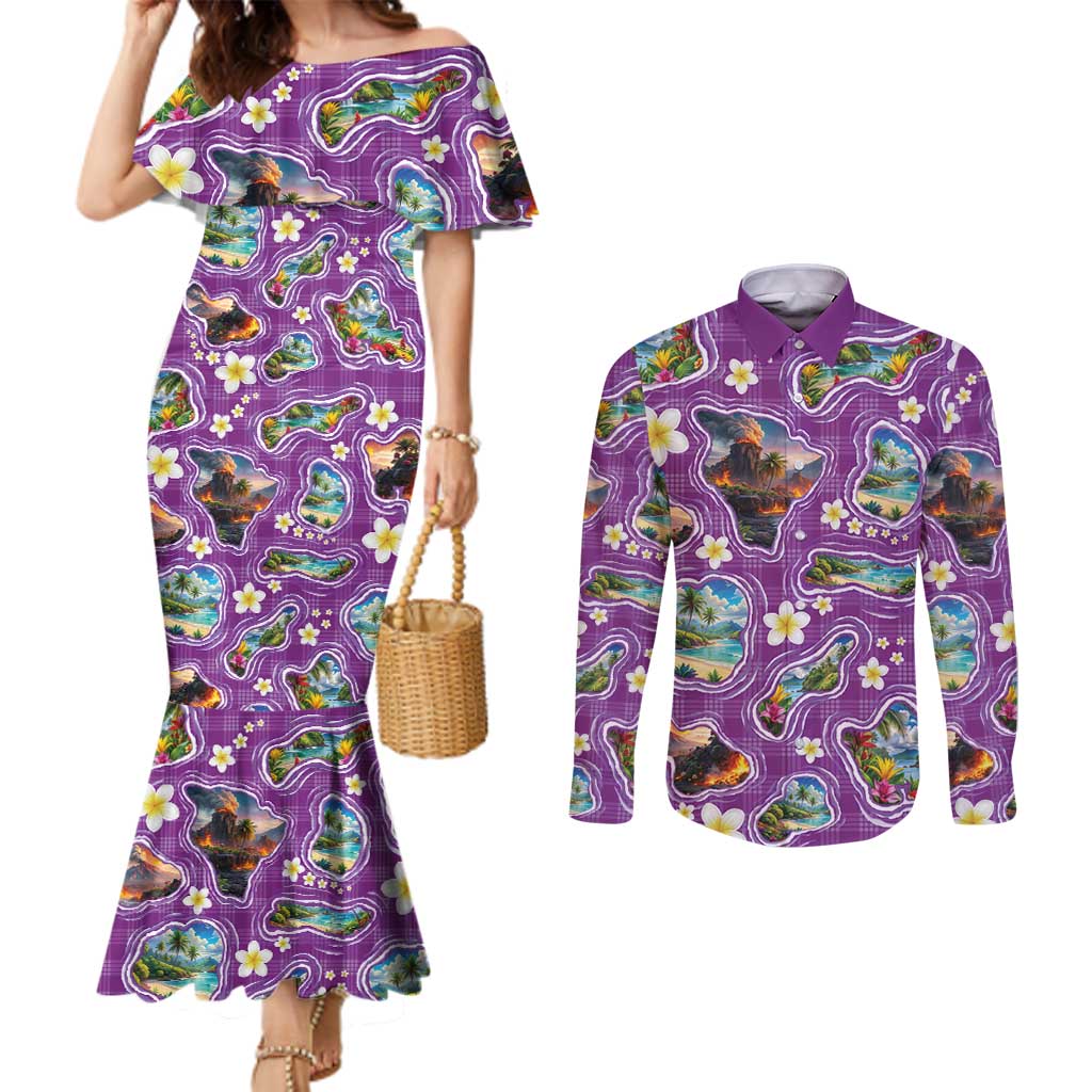 Hawaiian Island Shapes-Iconic Landscape Couples Matching Mermaid Dress and Long Sleeve Button Shirt with Plumeria and Palaka Purple Color LT03 Purple - Polynesian Pride