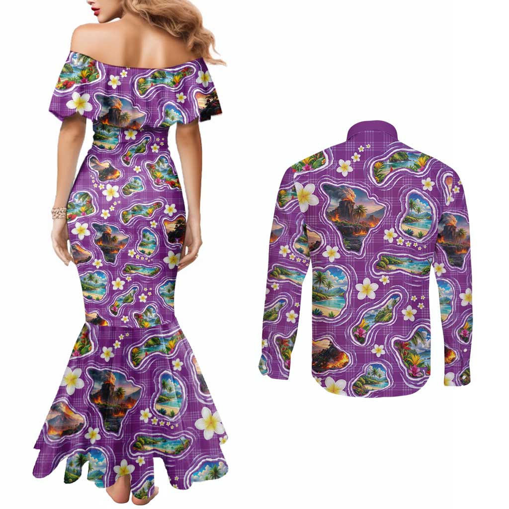 Hawaiian Island Shapes-Iconic Landscape Couples Matching Mermaid Dress and Long Sleeve Button Shirt with Plumeria and Palaka Purple Color LT03 - Polynesian Pride