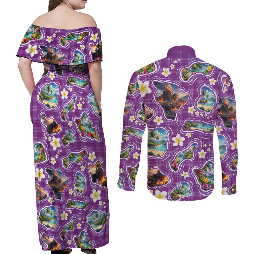 Hawaiian Island Shapes-Iconic Landscape Couples Matching Off Shoulder Maxi Dress and Long Sleeve Button Shirt with Plumeria and Palaka Purple Color