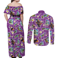 Hawaiian Island Shapes-Iconic Landscape Couples Matching Off Shoulder Maxi Dress and Long Sleeve Button Shirt with Plumeria and Palaka Purple Color
