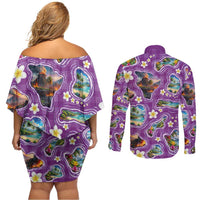 Hawaiian Island Shapes-Iconic Landscape Couples Matching Off Shoulder Short Dress and Long Sleeve Button Shirt with Plumeria and Palaka Purple Color