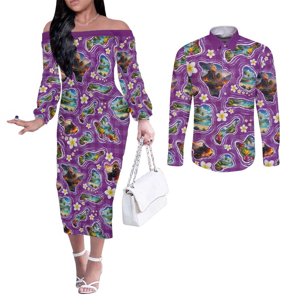 Hawaiian Island Shapes-Iconic Landscape Couples Matching Off The Shoulder Long Sleeve Dress and Long Sleeve Button Shirt with Plumeria and Palaka Purple Color
