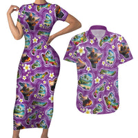 Hawaiian Island Shapes-Iconic Landscape Couples Matching Short Sleeve Bodycon Dress and Hawaiian Shirt with Plumeria and Palaka Purple Color