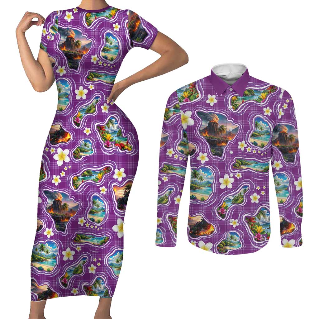 Hawaiian Island Shapes-Iconic Landscape Couples Matching Short Sleeve Bodycon Dress and Long Sleeve Button Shirt with Plumeria and Palaka Purple Color LT03 Purple - Polynesian Pride