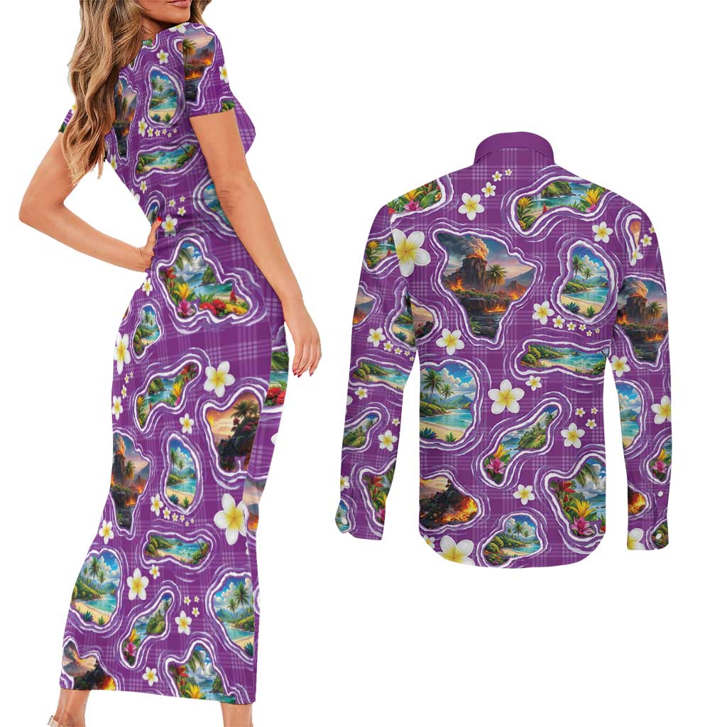 Hawaiian Island Shapes-Iconic Landscape Couples Matching Short Sleeve Bodycon Dress and Long Sleeve Button Shirt with Plumeria and Palaka Purple Color LT03 - Polynesian Pride
