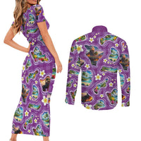 Hawaiian Island Shapes-Iconic Landscape Couples Matching Short Sleeve Bodycon Dress and Long Sleeve Button Shirt with Plumeria and Palaka Purple Color LT03 - Polynesian Pride