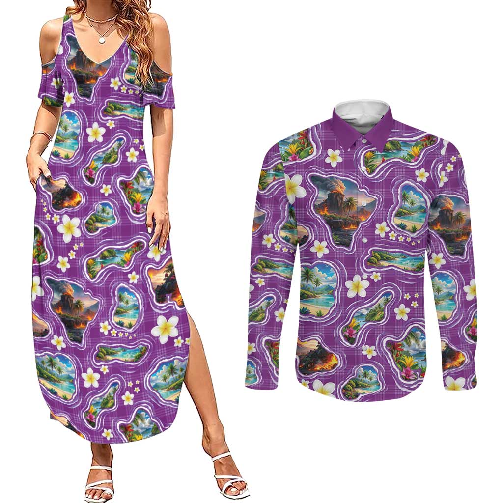 Hawaiian Island Shapes-Iconic Landscape Couples Matching Summer Maxi Dress and Long Sleeve Button Shirt with Plumeria and Palaka Purple Color
