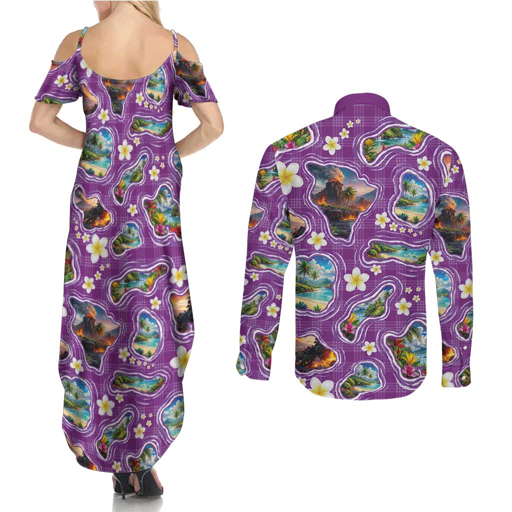 Hawaiian Island Shapes-Iconic Landscape Couples Matching Summer Maxi Dress and Long Sleeve Button Shirt with Plumeria and Palaka Purple Color