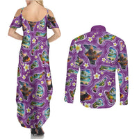 Hawaiian Island Shapes-Iconic Landscape Couples Matching Summer Maxi Dress and Long Sleeve Button Shirt with Plumeria and Palaka Purple Color
