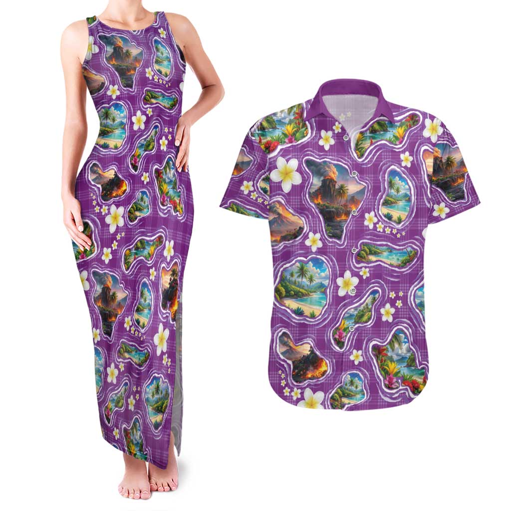 Hawaiian Island Shapes-Iconic Landscape Couples Matching Tank Maxi Dress and Hawaiian Shirt with Plumeria and Palaka Purple Color