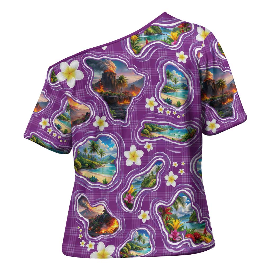 Hawaiian Island Shapes-Iconic Landscape Cross Shoulder Shirt with Plumeria and Palaka Purple Color