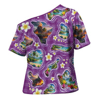 Hawaiian Island Shapes-Iconic Landscape Cross Shoulder Shirt with Plumeria and Palaka Purple Color