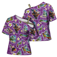 Hawaiian Island Shapes-Iconic Landscape Cross Shoulder Shirt with Plumeria and Palaka Purple Color