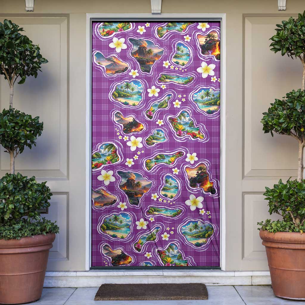 Hawaiian Island Shapes-Iconic Landscape Door Cover with Plumeria and Palaka Purple Color
