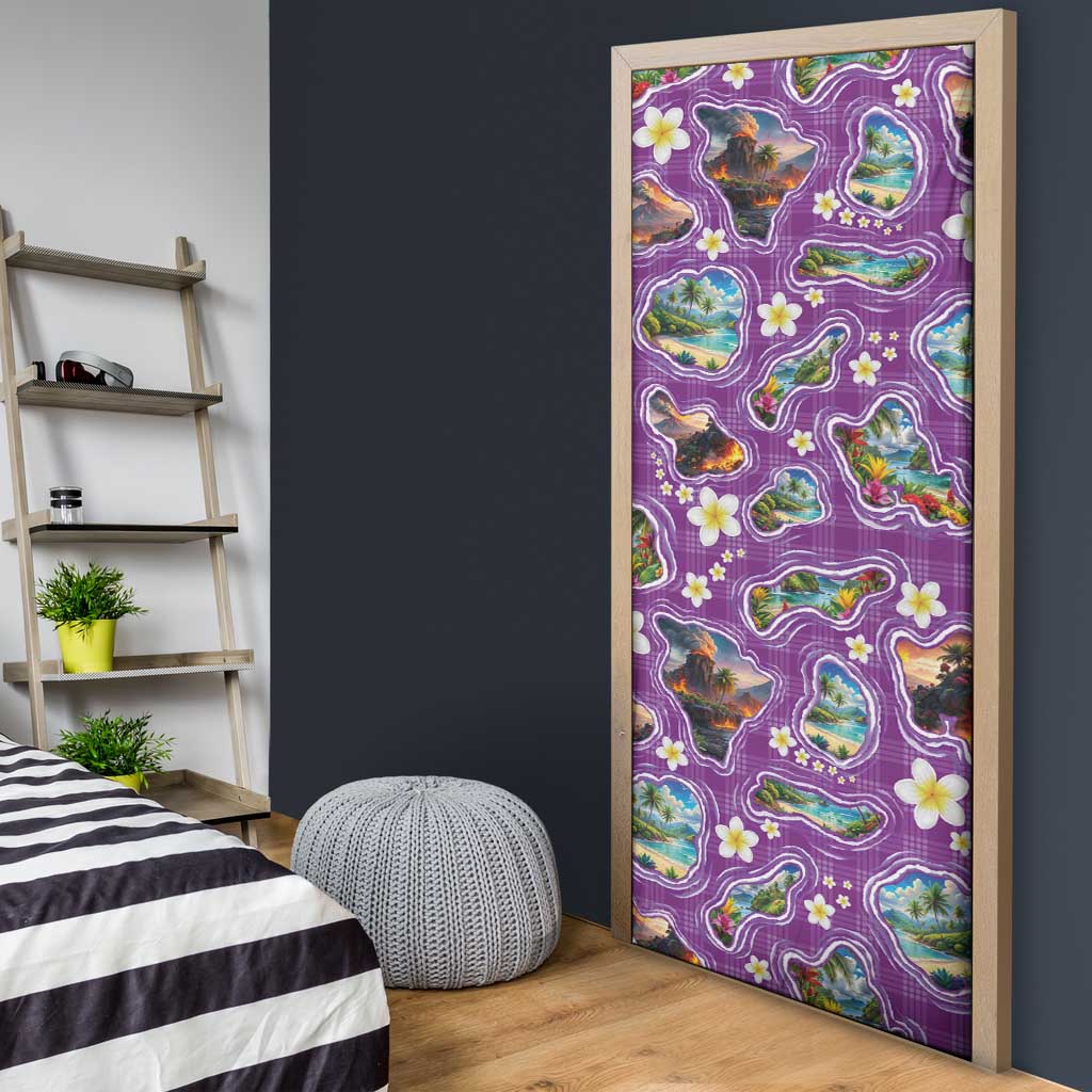 Hawaiian Island Shapes-Iconic Landscape Door Cover with Plumeria and Palaka Purple Color
