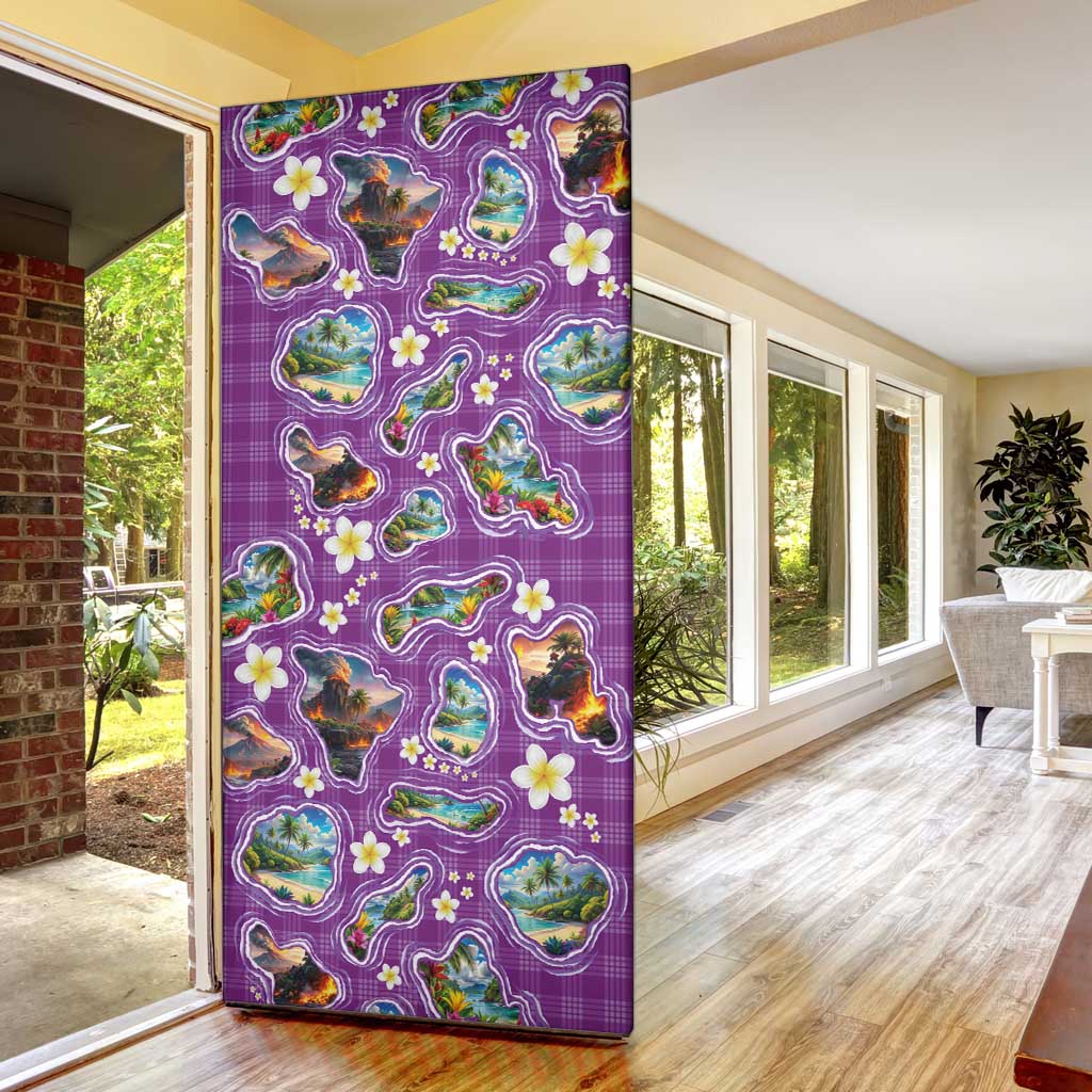 Hawaiian Island Shapes-Iconic Landscape Door Cover with Plumeria and Palaka Purple Color