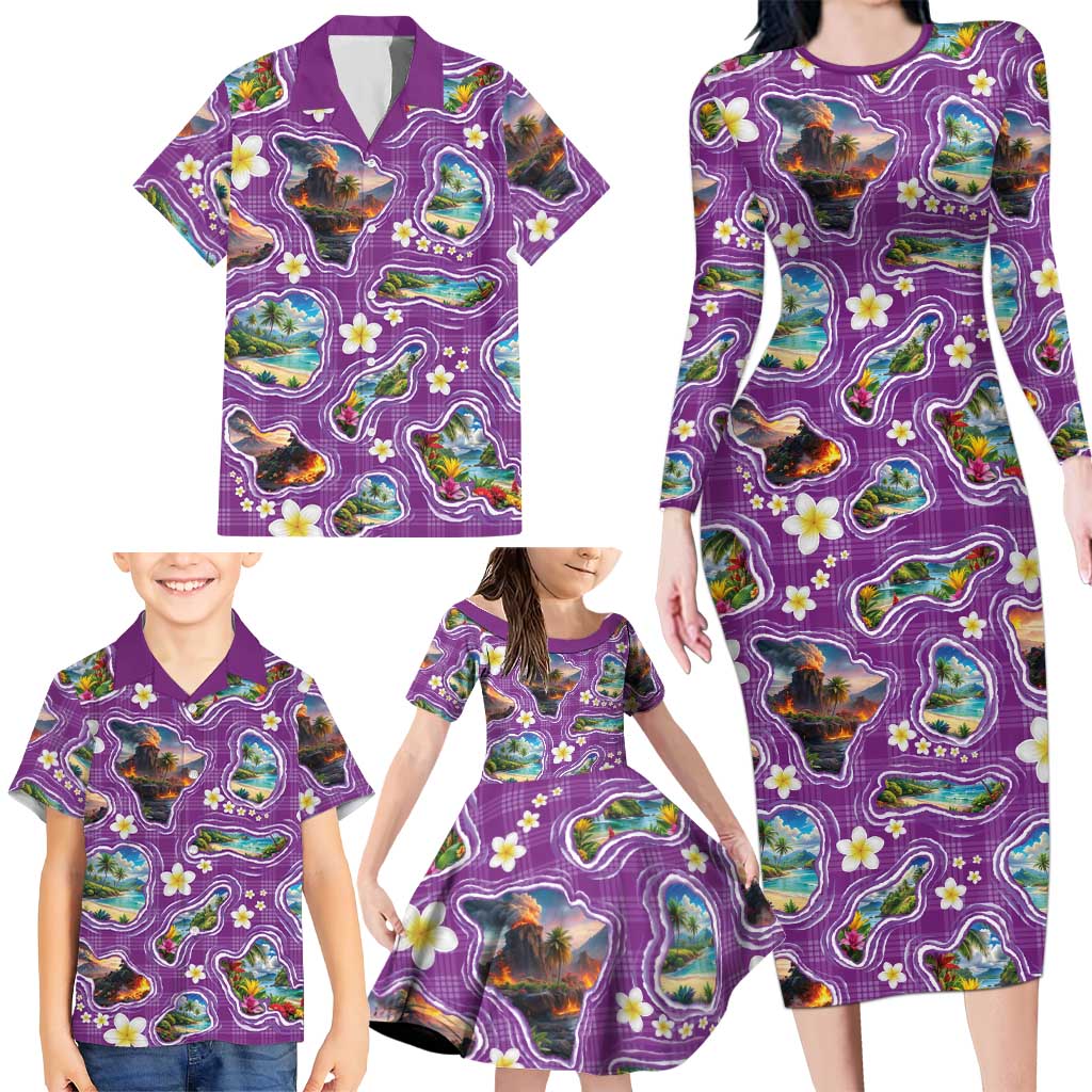 Hawaiian Island Shapes-Iconic Landscape Family Matching Long Sleeve Bodycon Dress and Hawaiian Shirt with Plumeria and Palaka Purple Color