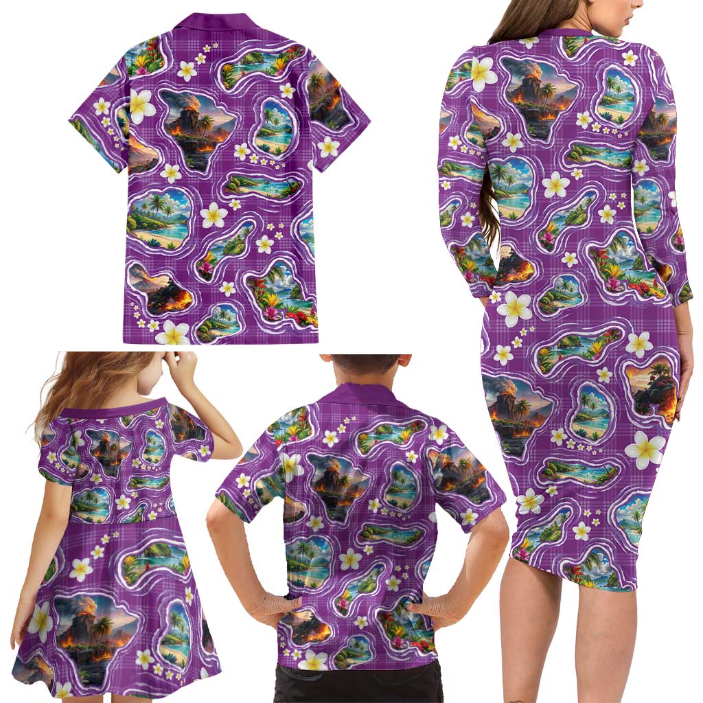 Hawaiian Island Shapes-Iconic Landscape Family Matching Long Sleeve Bodycon Dress and Hawaiian Shirt with Plumeria and Palaka Purple Color