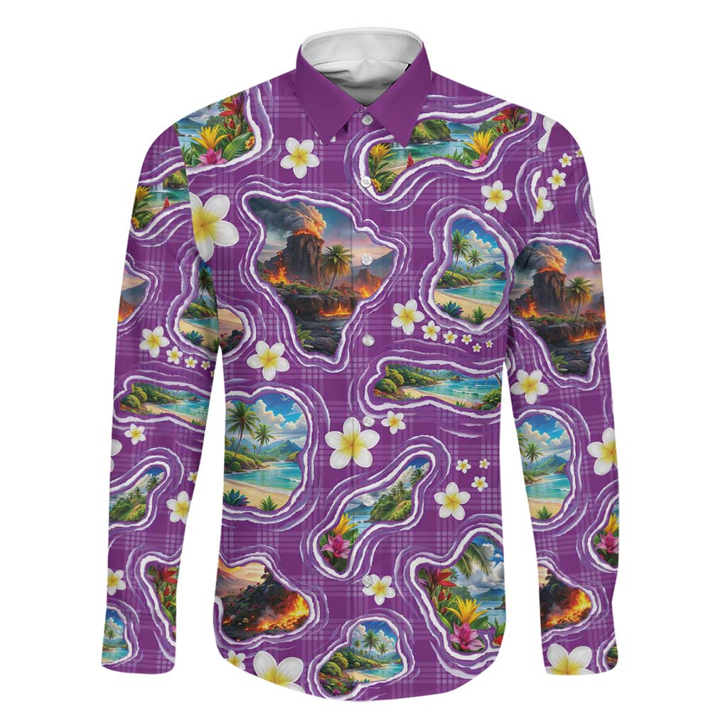 Hawaiian Island Shapes-Iconic Landscape Family Matching Long Sleeve Bodycon Dress and Hawaiian Shirt with Plumeria and Palaka Purple Color
