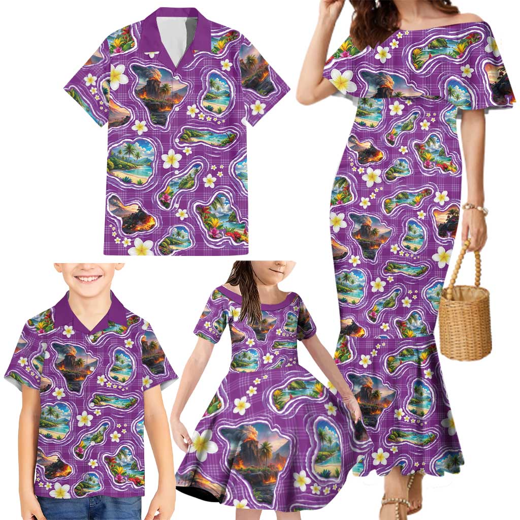 Hawaiian Island Shapes-Iconic Landscape Family Matching Mermaid Dress and Hawaiian Shirt with Plumeria and Palaka Purple Color