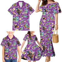 Hawaiian Island Shapes-Iconic Landscape Family Matching Mermaid Dress and Hawaiian Shirt with Plumeria and Palaka Purple Color