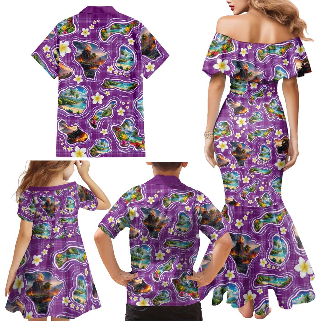 Hawaiian Island Shapes-Iconic Landscape Family Matching Mermaid Dress and Hawaiian Shirt with Plumeria and Palaka Purple Color