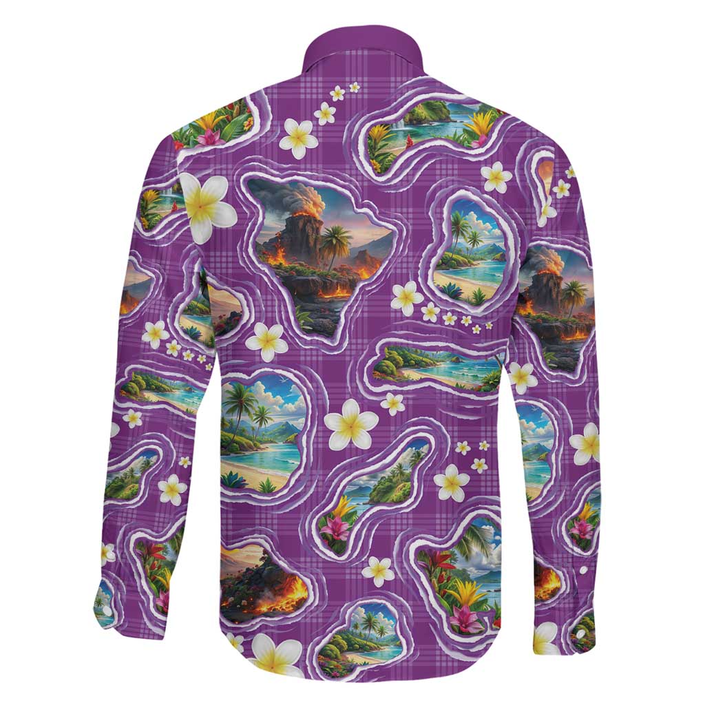 Hawaiian Island Shapes-Iconic Landscape Family Matching Mermaid Dress and Hawaiian Shirt with Plumeria and Palaka Purple Color
