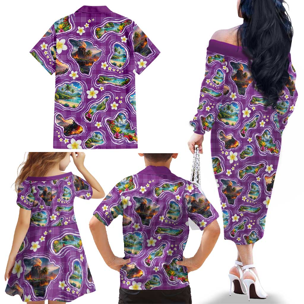 Hawaiian Island Shapes-Iconic Landscape Family Matching Off The Shoulder Long Sleeve Dress and Hawaiian Shirt with Plumeria and Palaka Purple Color