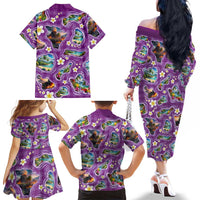Hawaiian Island Shapes-Iconic Landscape Family Matching Off The Shoulder Long Sleeve Dress and Hawaiian Shirt with Plumeria and Palaka Purple Color