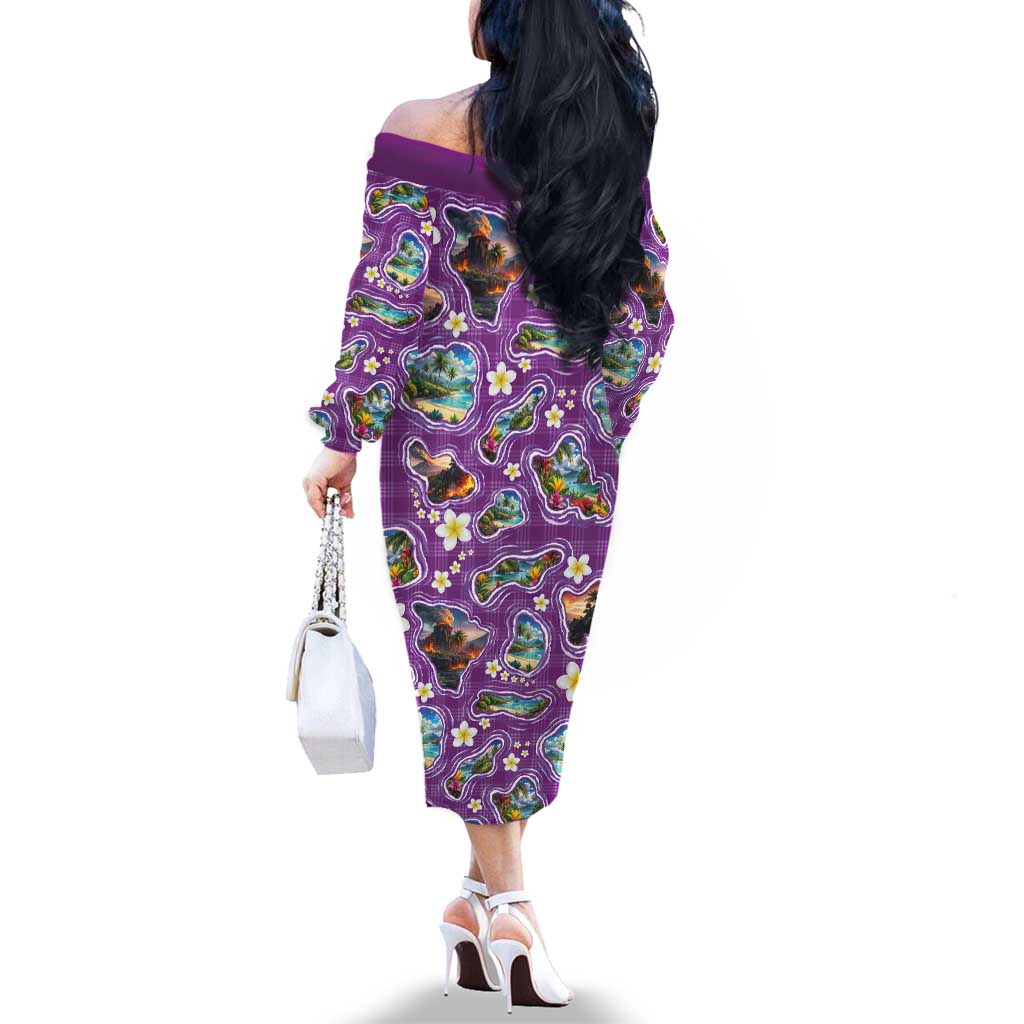 Hawaiian Island Shapes-Iconic Landscape Family Matching Off The Shoulder Long Sleeve Dress and Hawaiian Shirt with Plumeria and Palaka Purple Color