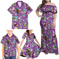 Hawaiian Island Shapes-Iconic Landscape Family Matching Off Shoulder Maxi Dress and Hawaiian Shirt with Plumeria and Palaka Purple Color