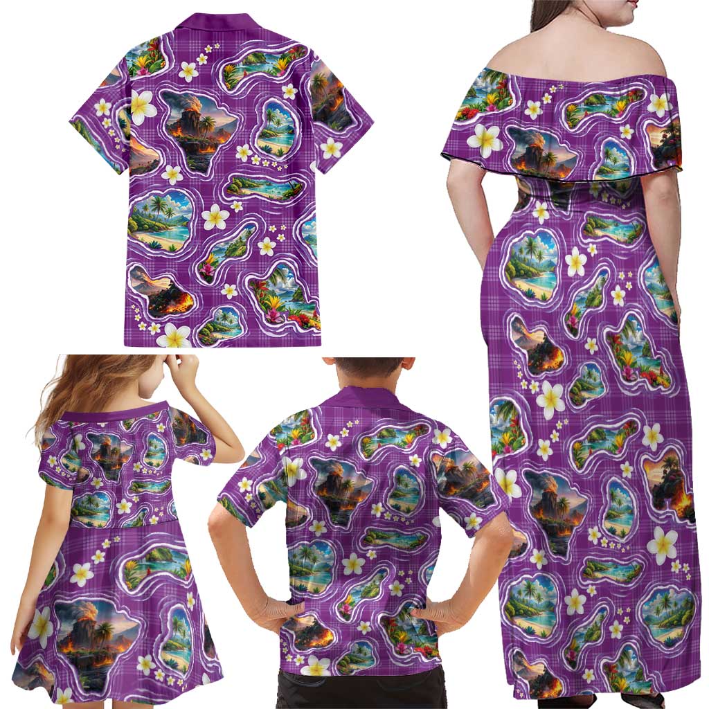 Hawaiian Island Shapes-Iconic Landscape Family Matching Off Shoulder Maxi Dress and Hawaiian Shirt with Plumeria and Palaka Purple Color