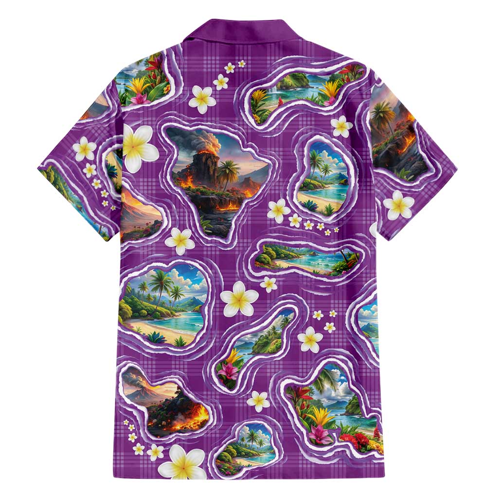 Hawaiian Island Shapes-Iconic Landscape Family Matching Off Shoulder Maxi Dress and Hawaiian Shirt with Plumeria and Palaka Purple Color