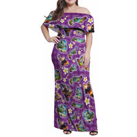 Hawaiian Island Shapes-Iconic Landscape Family Matching Off Shoulder Maxi Dress and Hawaiian Shirt with Plumeria and Palaka Purple Color