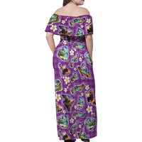 Hawaiian Island Shapes-Iconic Landscape Family Matching Off Shoulder Maxi Dress and Hawaiian Shirt with Plumeria and Palaka Purple Color