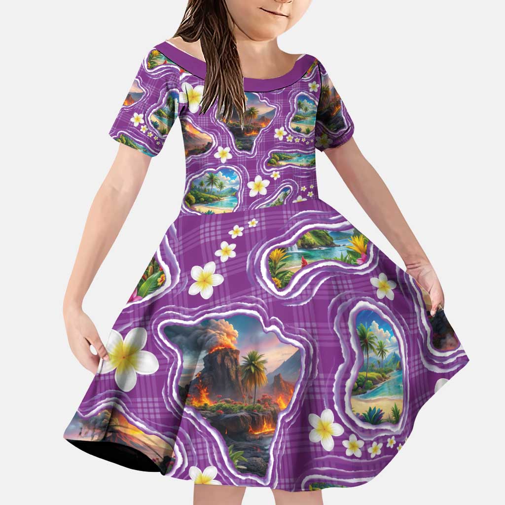 Hawaiian Island Shapes-Iconic Landscape Family Matching Off Shoulder Short Dress and Hawaiian Shirt with Plumeria and Palaka Purple Color