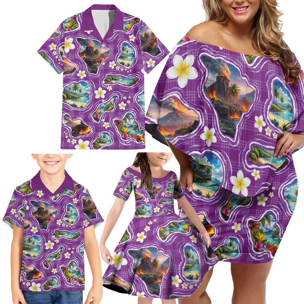 Hawaiian Island Shapes-Iconic Landscape Family Matching Off Shoulder Short Dress and Hawaiian Shirt with Plumeria and Palaka Purple Color